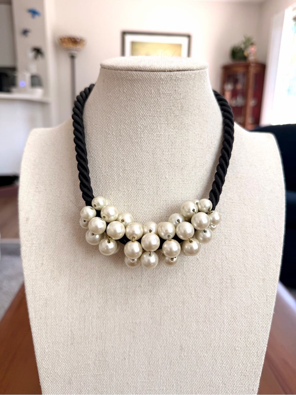 Lenora Dame USA Black Rope Faux Pearl Statement Necklace Handmade Boutique